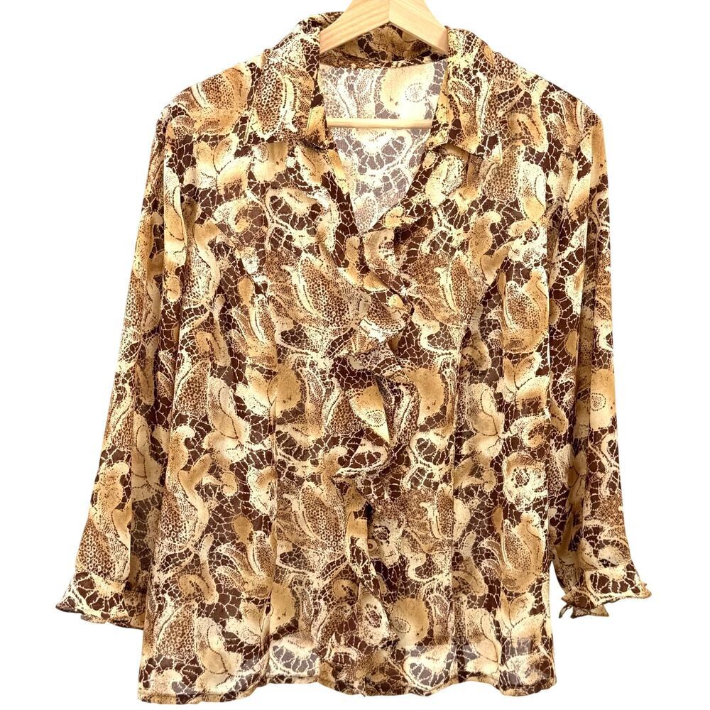 Vintage 70s Brown Floral Ruffle Front Long Sleeve Blouse